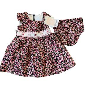 NWT Cottagecore Bonnie Baby Girls Smocked‎ Floral Dress Bloomers 18M Pink Black